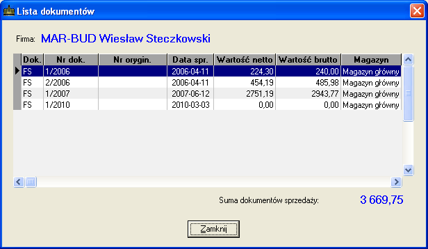 5.1.5. Informacja o dokumentach powiązanych z firmą. Użycie tej funkcji powoduje wyświetlenie okna (Rys.