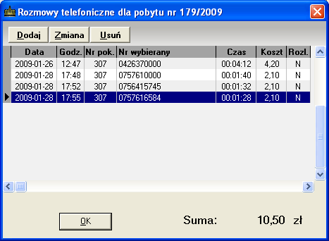 zawierającego informacje o rozmowach telefonicznych prowadzonych z pokoi ( zadeklarowanych w pobycie) w czasie trwania pobytu.