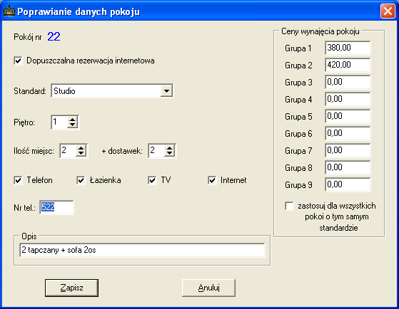 Rys. 33. Edycja parametrów pokoju. W oknie tym możemy także wprowadzić cenę pokoju w dowolnej grupie. System SOHO umożliwia wprowadzenie 9 różnych grup cen, na stałe przypisanych do każdego pokoju. 5.