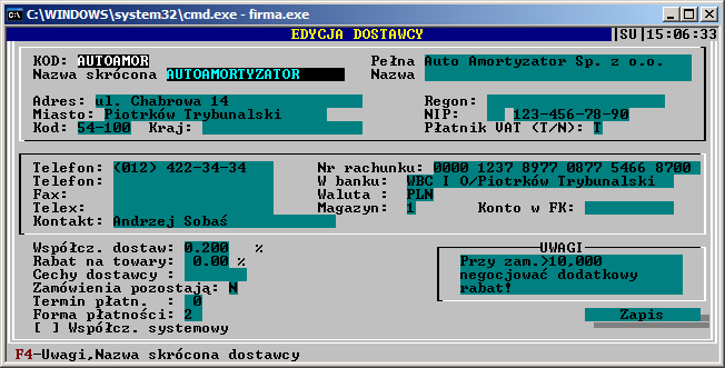 Rys. 4.4: Edycja kartoteki dostawcy Kolejnymi polami, które moŝemy wypełnić, są pola Nr rachunku bankowego i W banku, gdzie podajemy odpowiednie wartości.