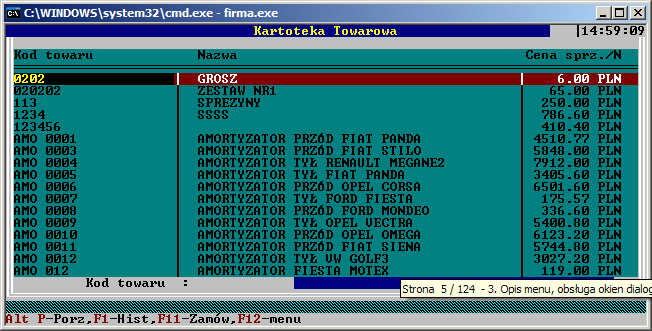 Rys. 3.2: Widok przykładowej kartoteki programu FIRMA2000 W tym przypadku okno to przedstawia kartotekę towarów. Wyświetlimy je wybierając opcję 7.