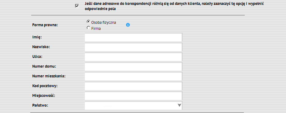 Praca z aplikacją ICF Pierwsze uruchomienie aplikacji Oświadczenie: rezydent / nierezydent RP, Forma prawna (osoba fizyczna lub firma), Dane osobowe (imię, nazwisko), Dane adresowe zamieszkania