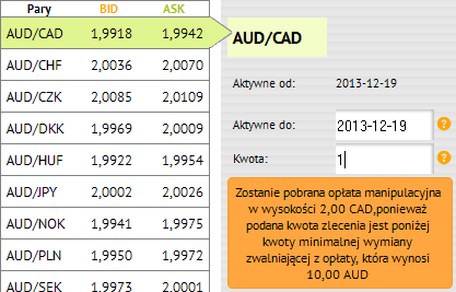 Zlecenia Zlecenia wymiany UWAGA: Jeżeli Użytkownik nie posiada odpowiedniej ilości środków na koncie, aby przeprowadzić operację kupna bądź sprzedaży waluty, wówczas pojawi się komunikat systemowy: