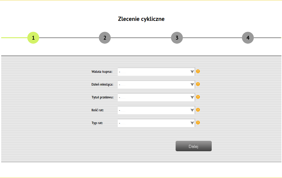 Zlecenia Zlecenia cykliczne Zlecenia cykliczne Wywołanie: Zlecenia Zlecenia cykliczne Funkcja umożliwia złożenie cyklicznej dyspozycji zakupu waluty z jednoczesnym przelewem środków.