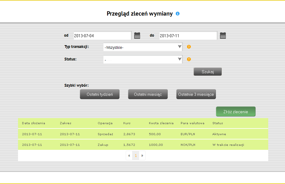 Przegląd Przeglądanie zleceń wymiany Przegląd Użytkownik serwisu ma możliwość przeglądania historii wszystkich wykonanych operacji dotyczących zleceń kupna/sprzedaży, zleceń zaawansowanych,