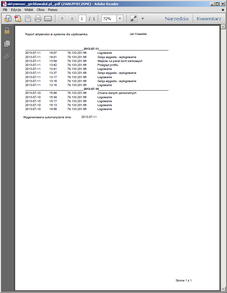 Moje Dane Aktywność Użytkownik serwisu może pobrać, zapisać i wydrukować listę swoich