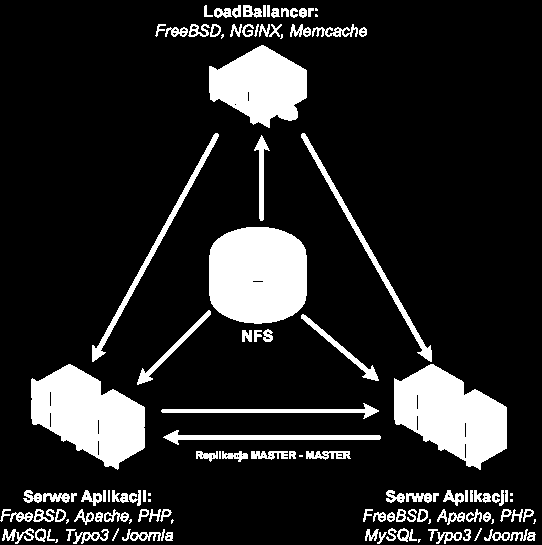 System operacyjny FreeBSD / Linux NGINX zajmuje się load balancingiem Nginx dba o to, aby wyłączyć z chmury serwer który nie odpowiada Nginx posiada możliwości