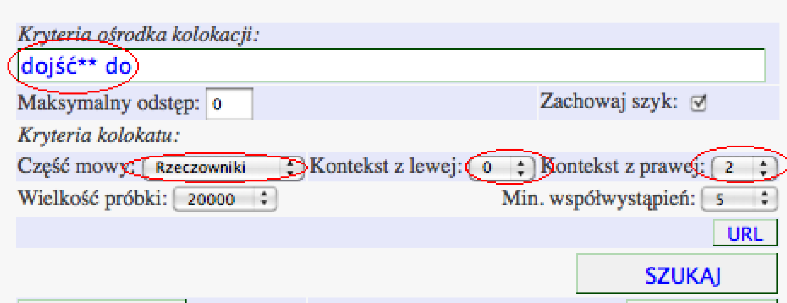 Rozdział 14. Wyszukiwarka PELCRA dla danych NKJP 269 14.11.2. Ekstrakcja złożonych kolokacji Wyszukiwarka kolokacji umożliwia także badanie wielowyrazowych ośrodków kolokacji.