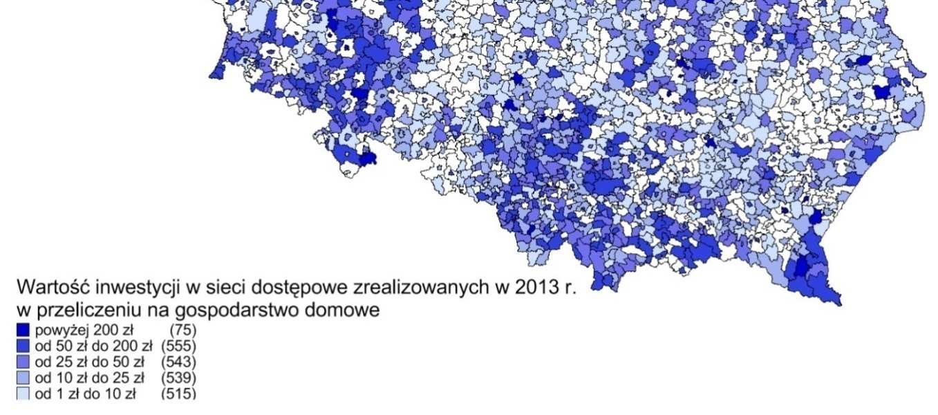 Mapa 27. Rozmieszczenie inwestycji w sieci dostępowe, zrealizowanych w 2013 r.