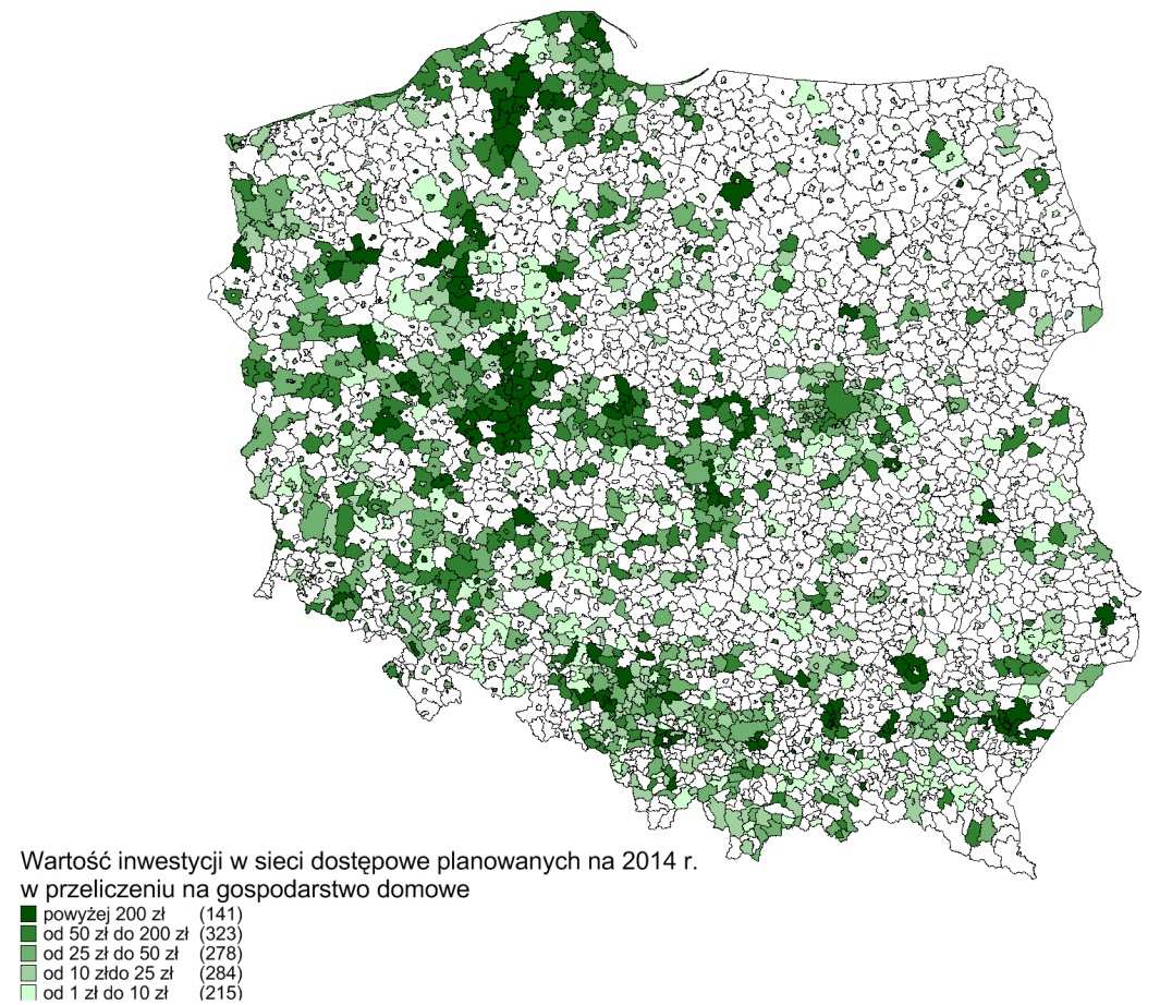 Mapa 33. Rozmieszczenie inwestycji w sieci dostępowe planowanych w 2014 r. w przeliczeniu na jedno gospodarstwo domowe Rysunek 34.