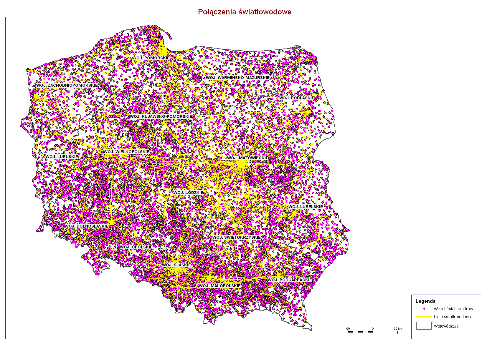 6.3 Przebiegi sieci 6.3.1 Sieci światłowodowe Przebiegi sieci telekomunikacyjnych reprezentowane są przez odcinki łączące węzły sieci, ze wskazaniem do jakiej warstwy sieci dany węzeł należy.