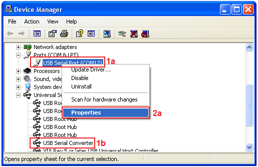 a) USB Serial Converter w grupie Kontrolery USB w Menedzerze Urzadzen, b) USB Serial Port w grupie Porty (COM i LPT) w Menedzerze Urzadzen.