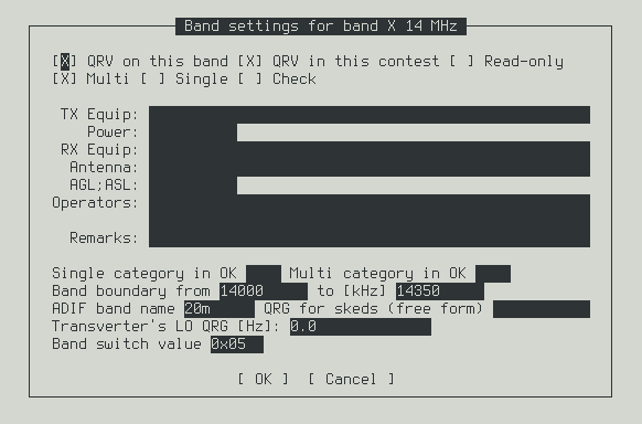 Praca na pasmach KF Włącz pasma KF w których startujesz: [F10]->Setip->Band defaults