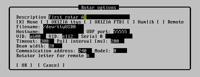 Dodaj rotor (Add New rotator) Wybranie tej opcji pokaże nam okno dialogowe w którym będziemy konfigurować ustawienia rotora: Description - jest to opis dla operatora, dzięki czemu łatwo jest