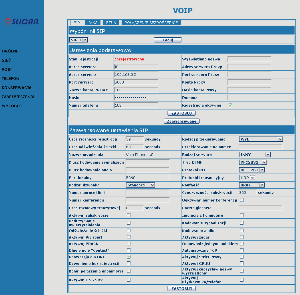 Uwaga! Należy określić wszystkie z powyższych elementów. 4.3.3 VOIP 4.3.3.1 Konfiguracja SIP Służy do ustawienia serwera SIP za pomocą poniższego ekranu.