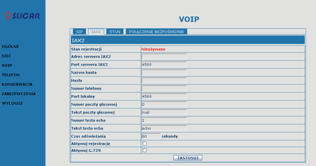 4.3.3.2 Konfiguracja IAX2 Konfiguracja IAX2 Nazwa pola Stan rejestracji Pokazuje, czy telefon został zarejestrowany na serwerze IAX2 Adres serwera IAX2 Wprowadzić adres serwera IAX2 Port serwera IAX2