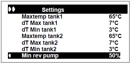 2.4 dtfs: Fullspeed Różnica temperatur pomiędzy kolektorem T1 i zbiornikiem1 T2 załączająca pompę na maksymalne obroty (100%). Zakres ustawieo: od dtmax tank1 do 50 o C, ustawienie fabryczne 35 0 C.