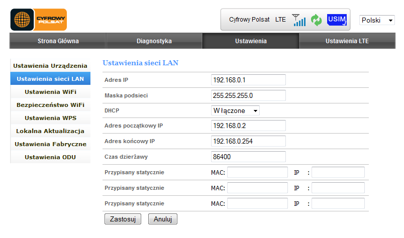 Ustawienia sieci LAN W zakładce Ustawienia sieci LAN można wykonać zmianę ustawień przydzielania numerów IP przez serwer DHCP.