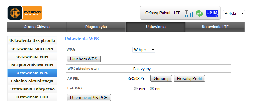 Jeżeli karta sieciowa obsługuje funkcje Wi-Fi Protected Setup oraz PIN, można połączyć ją do sieci w sposób opisany poniżej. Z rozwijanej listy wybieramy Włącz oraz klikamy uruchom WPS.