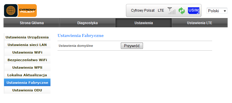 Ustawienia fabryczne W zakładce Ustawienia fabryczne można wykonać przywrócenia ustawień fabrycznych routera IDU-100.