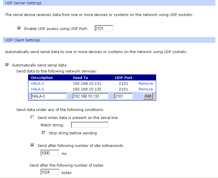 Rys 19. Przykładowa konfiguracja serwera i klienta UDP w konwerterze podłączonym do urządzenia MASTER 5.3.2.