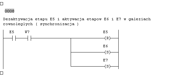 W przypadku synchronizacji (koniunkcji) sterowania realizacja programowa musi uwzględniać wszystkie etapy, które muszą stać się aktywne równocześnie, jak równieŝ wszystkie etapy które równocześnie