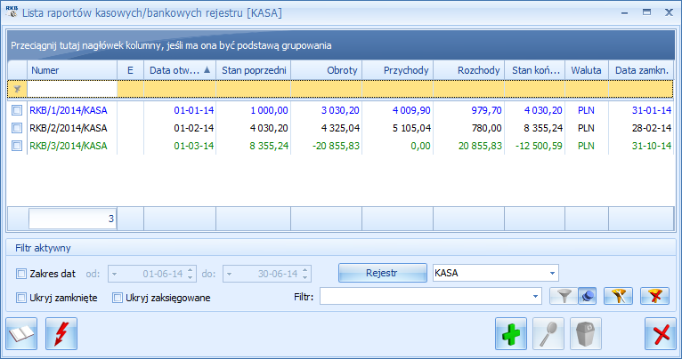 Rys. 4 Lista raportów kasowych/bankowych Ale jak to zrobić? Posługujemy się ikonką. Określamy datę otwarcia raportu i zatwierdzamy ikonką. Nowy raport pojawia się na liście raportów. 4.3 Zapisy kasowe/bankowe Jest to lista wszystkich zapisów, niezależnie od rejestru i raportu, do którego zostały wprowadzone.