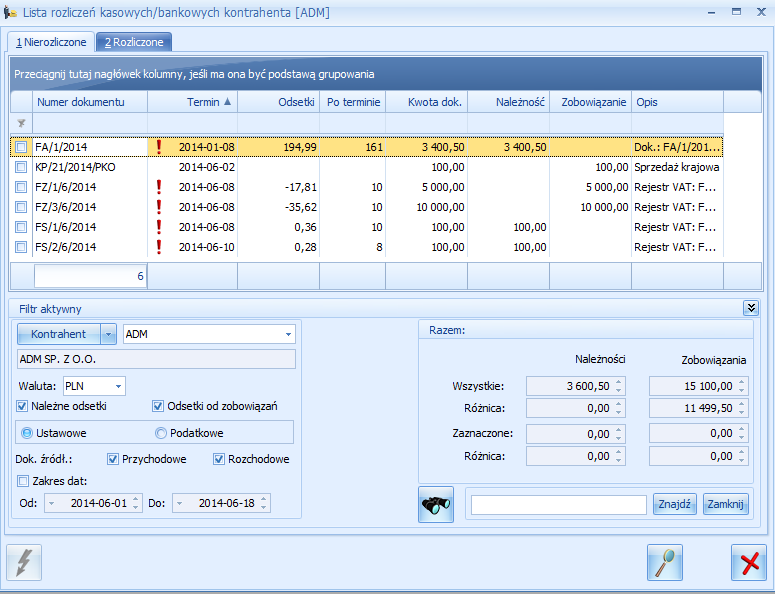 Rys. 11 Lista rozliczeń kasowych/bankowych Rozliczanie polega na kojarzeniu w pary dokumentów, z których jeden ma niezerową kwotę zobowiązań, drugi należności.
