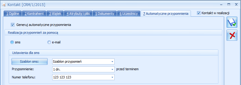 Rys. Zakładka Automatyczne przypomnienia na formularzu zadania Jeżeli w menu Konfiguracja/ Firma/ CRM/ Automat przypomnień będzie zaznaczony parametr: Ustawienia domyślne dla zadań, to parametr