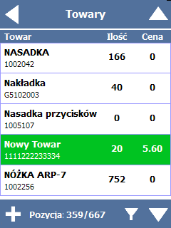 Strona42 Przycisk + po lewej stronie dolnego paska na liście towarów służy do dodawania nowych towarów do bazy na terminalu.