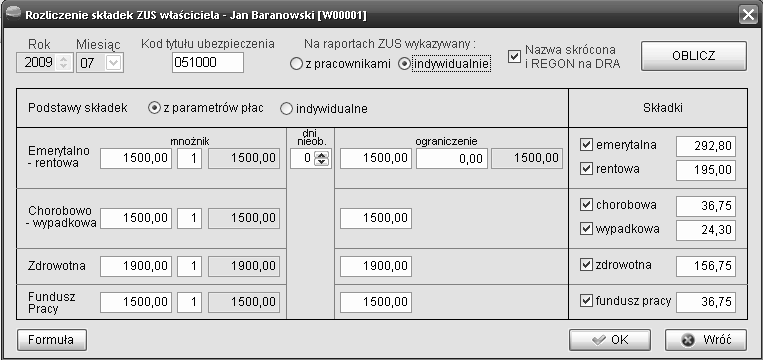 Podstawy składek pobierane są z tabeli Składki ZUS właścicieli w Stałych Parametrach Płac, można tez wpisać indywidualne podstawy dla każdego właściciela.