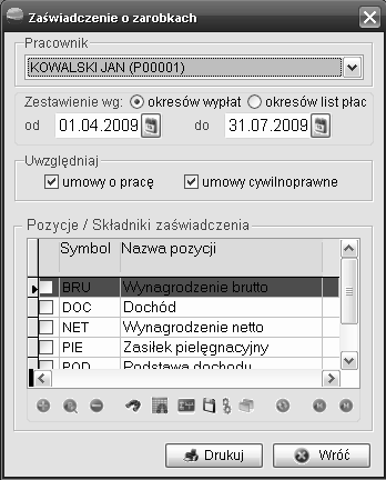 Jak widać zaświadczenie jest definiowalne i można wybrać jakie składniki wynagrodzenia powinny się znaleźć na wydruku. Po określeniu parametrów przycisk Drukuj uruchamia wydruk zaświadczenia.