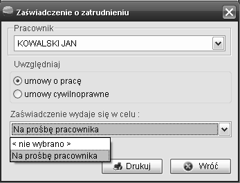 Na formularzu wybieramy z listy w jakim celu zaświadczenie jest