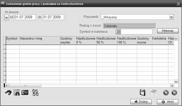 19.8 Zestawienie godzin pracy z podziałem na Centra Kosztowe Wydruk jest generowany dla wybranego z listy pracownika lub grupy pracowników i wybranego Centrum Kosztowego za wybrany okres.