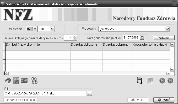 Program Kadry i Płace HR pozwala generować dane do pliku o strukturze zgodnej ze specyfikacją NFZ (Zestawienie obniżonych składek na ubezpieczenie zdrowotne - format pliku elektronicznego).