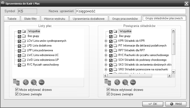 Szósta zakładka Grupy składników płacowych służy do nadawania uprawnień do wybranych gałęzi drzewa list płac i drzewa powiązań składników płacowych.