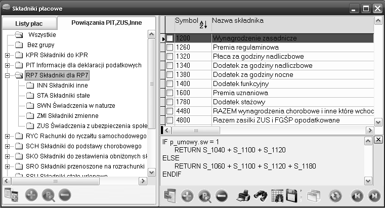 Aby prawidłowo pogrupować składniki wynagrodzenia zgodnie z kolumnami zestawienia należy najpierw w opcji Składniki płacowe na zakładce Powiązania składników płacowych podpiąć do gałęzi RP7