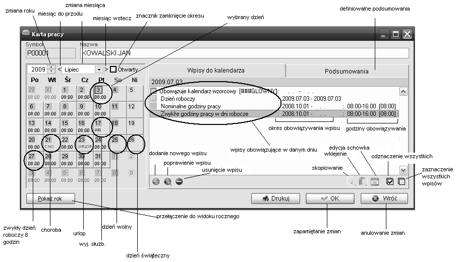 Rodzaj wpisu wg Słowników Ogólna kwalifikacja dnia (roboczy/wolny/święto) Godziny pracy (nominalne, zwykłe, nadliczbowe itd.) Nieobecności (choroby, urlopy) Nazwy świąt (Nowy Rok, 1szy Maja itd.