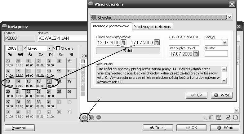 Trzeba zwrócić szczególną uwagę, gdy chcemy dodać nieobecność a zaznaczonych jest kilka okresów program i tak doda tylko jeden okres pomiędzy minimalną a maksymalna datą z wybranych dni.