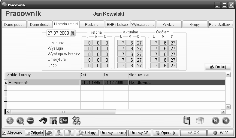 - Data przyjęcia do pracy - Data zwolnienia - Stanowisko - Tryb ustania stosunku pracy - Czy wliczać podany okres do jubileuszu, do wysługi, do wysługi w branży, do emerytury, do