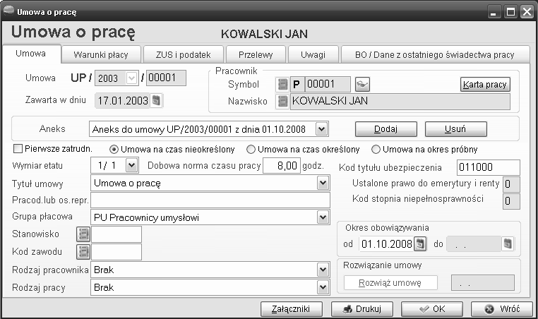 8.1.1 Umowa Zakładka ta zawiera podstawowe dane dokumentu. Numer umowy Składa się on ze stałego znacznika UP, selektora roku i kolejnego numeru umowy w ramach roku. Zawarta w dniu Data zawarcia umowy.