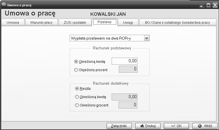 8.1.4 Przelewy W nowym module Kadry i Płace HR możemy wybrać dyspozycję przekazywania wynagrodzeń na dwa rachunki bankowe wprowadzone wcześniej w kartotece Pracownik Zlecenie na rachunek podstawowy