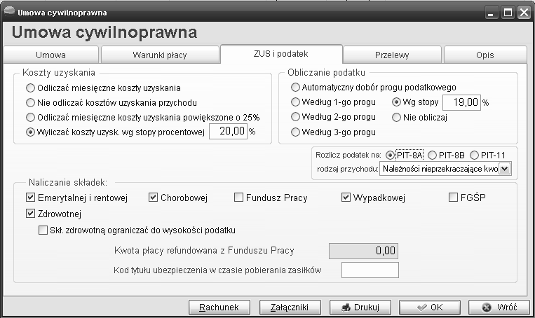 Koszty uzyskania przychodu mimo iż są zdefiniowane w stałych parametrach płac mogą być różne w zależności od rodzaju umowy i należy je ustalać indywidualnie.