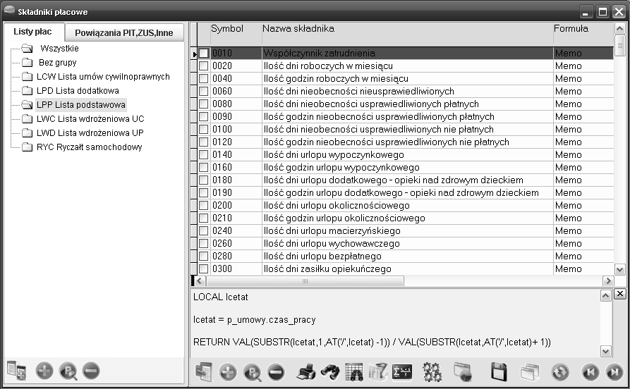 9.2 Fabryczne typy list płac W programie poza fabrycznymi składnikami są też zdefiniowane fabryczne listy plac i fabryczne powiązania składników płacowych Fabryczne listy plac to : LPP Lista