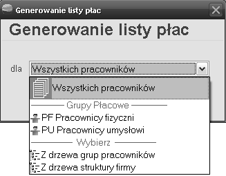 Patrz rozdział Typy list płac i składniki płacowe dodatkowe Dla list płac umów o pracę z selektora wyłączone są listy umów cywilnoprawnych i odwrotnie.