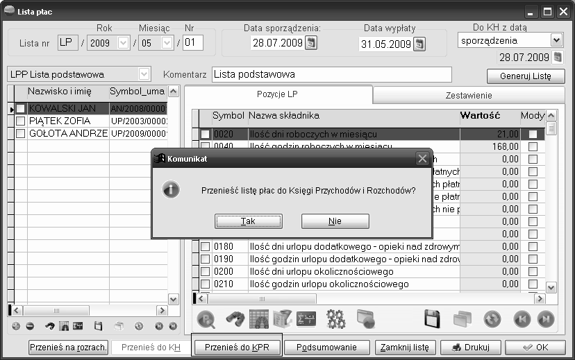 Program przeniesie listę płac do modułu KPR do opcji Księgowanie dokumentów.