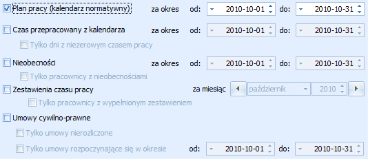 25.4 Eksport - import czasu pracy i nieobecności Zakres eksportu i importu pomiędzy Comarch ERP Optima a arkuszami Excel obejmuje: Plan pracy do/z kalendarza normatywnego, Czas przepracowany