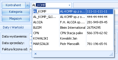 Rys 25. Lista rozwijana dla pola Kontrahent Rozpoczęcie edycji w polu listy rozwijanej powoduje rozwinięcie uproszczonej listy pomocniczej zawężonej do pozycji, które zawierają wpisywany ciąg znaków.