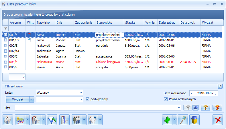 Rys 35. Lista pracowników parametr Pokaż archiwalnych Eksport / import danych kadrowych (arkusz Excel) W danych identyfikacyjnych widnieje kolumna Archiwalny.