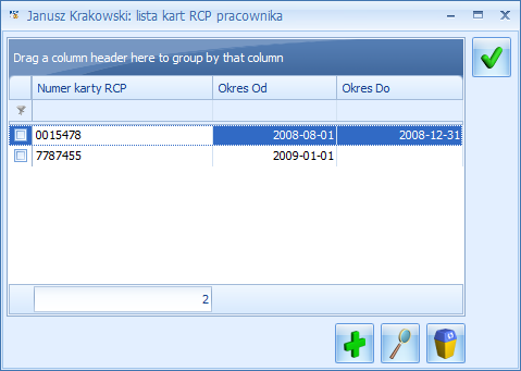 Rys 36. Lista kart RCP pracownika Przy wpisywaniu pierwszej karty pracownika zaznaczanie okresu obowiązywania i wpisywanie zakresu dat nie jest konieczne - karta może być przypisana bezterminowo.